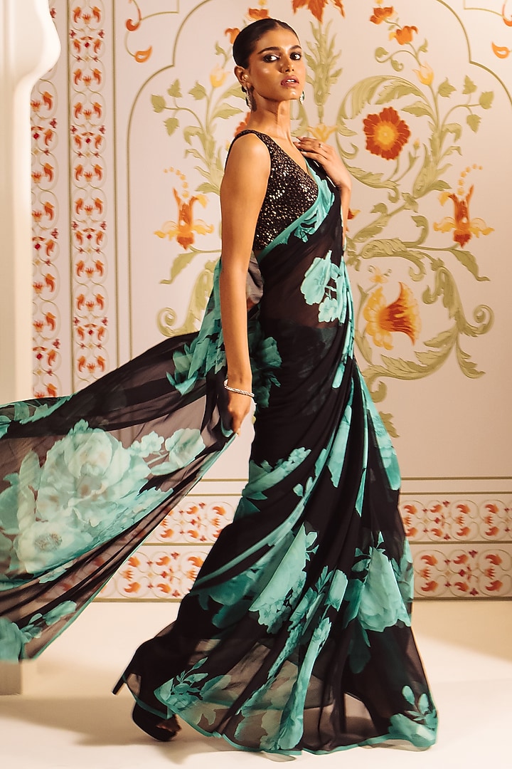 Black Pure Satin Silk Floral Printed Party Wear Saree by Studio 113 at Pernia's Pop Up Shop