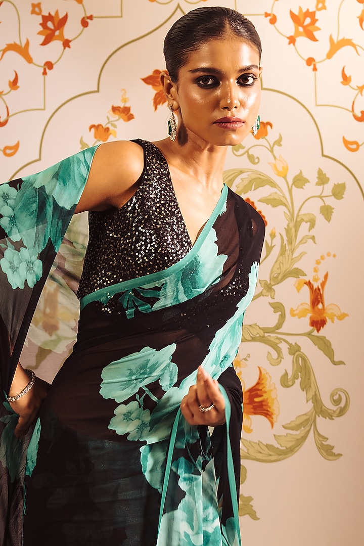 Black Pure Satin Silk Floral Printed Party Wear Saree by Studio 113 at Pernia's Pop Up Shop