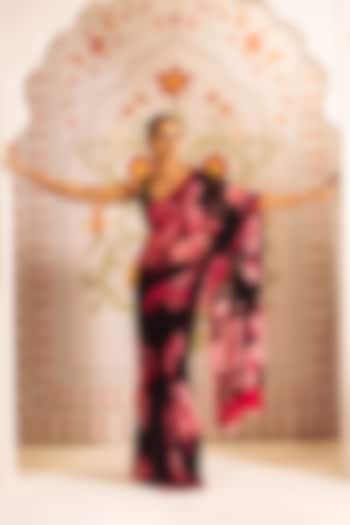 Black Pure Satin Silk Floral Printed Party Wear Saree by Studio 113 at Pernia's Pop Up Shop