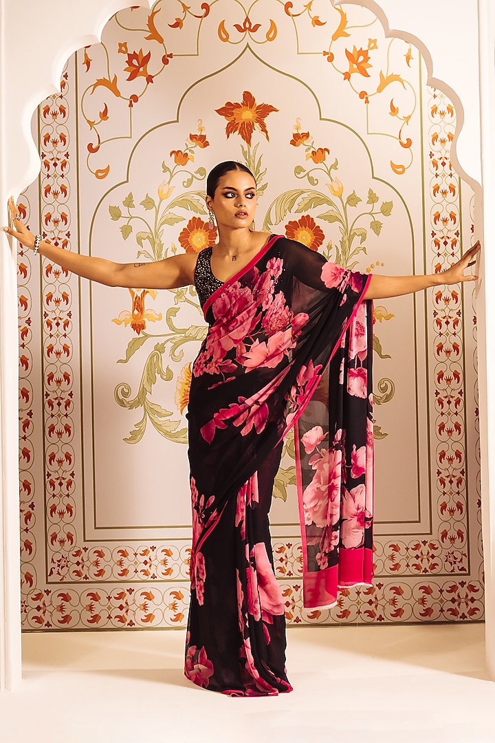 Black Pure Satin Silk Floral Printed Party Wear Saree by Studio 113 at Pernia's Pop Up Shop