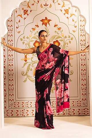 Black Pure Satin Silk Floral Printed Saree by Studio 113