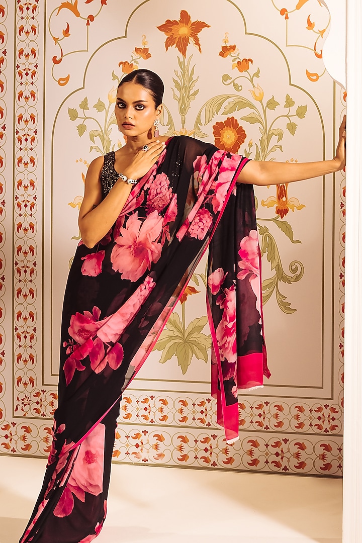 Black Pure Satin Silk Floral Printed Party Wear Saree by Studio 113 at Pernia's Pop Up Shop
