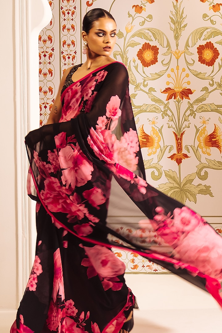 Black Pure Satin Silk Floral Printed Party Wear Saree by Studio 113 at Pernia's Pop Up Shop