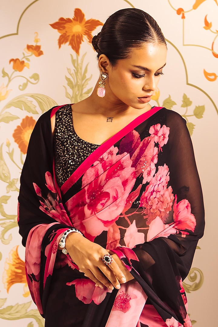 Black Pure Satin Silk Floral Printed Party Wear Saree by Studio 113 at Pernia's Pop Up Shop