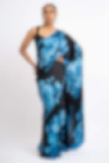 Black Pure Satin Silk Floral Printed Party Wear Saree by Studio 113 at Pernia's Pop Up Shop