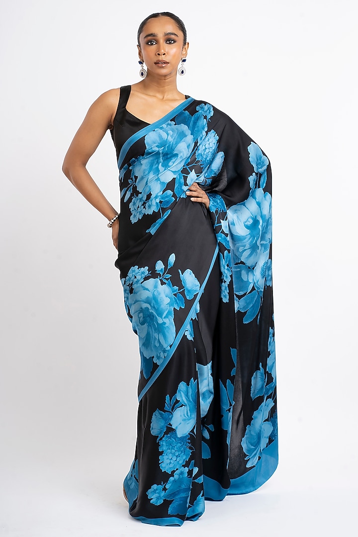 Black Pure Satin Silk Floral Printed Party Wear Saree by Studio 113 at Pernia's Pop Up Shop