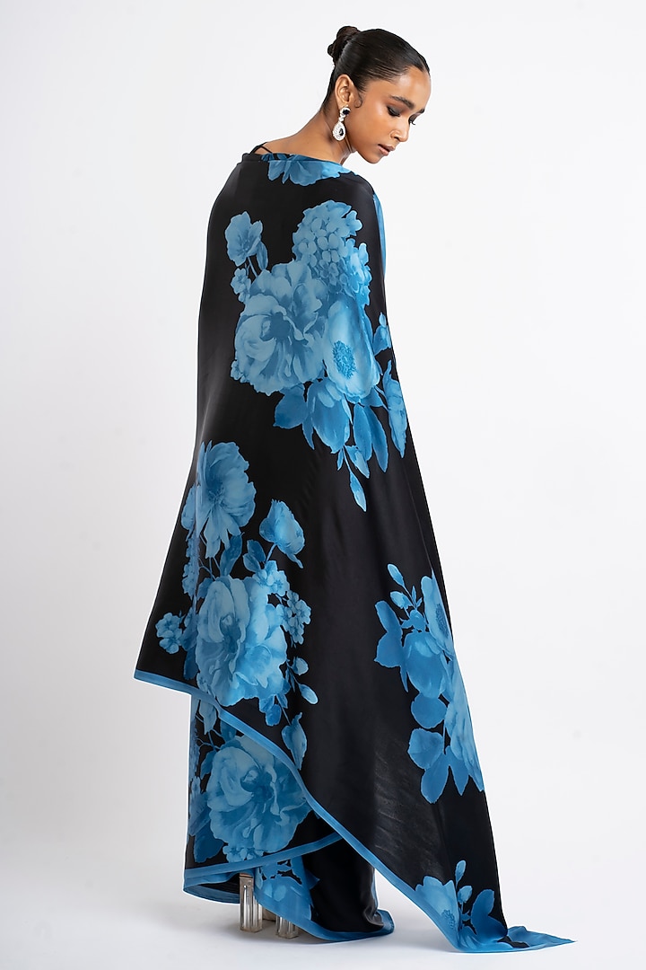 Black Pure Satin Silk Floral Printed Party Wear Saree by Studio 113 at Pernia's Pop Up Shop