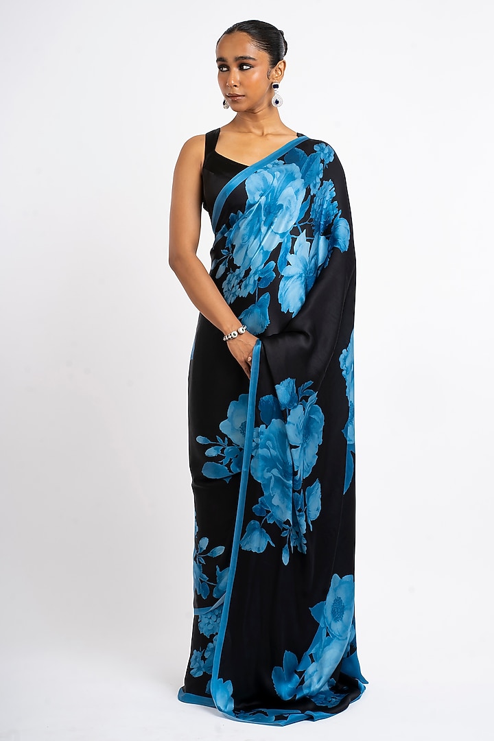Black Pure Satin Silk Floral Printed Party Wear Saree by Studio 113 at Pernia's Pop Up Shop