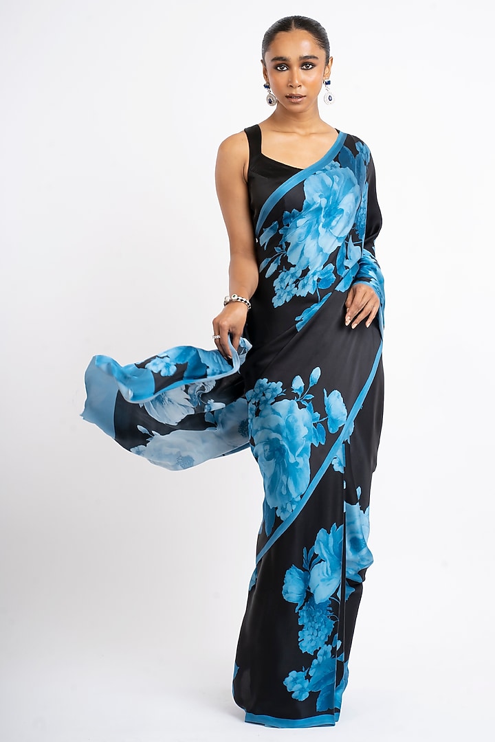 Black Pure Satin Silk Floral Printed Party Wear Saree by Studio 113 at Pernia's Pop Up Shop