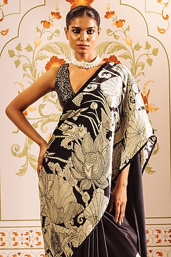Black Pure Satin Silk Kantha Embroidered & Printed Party Wear Saree by Studio 113 at Pernia's Pop Up Shop