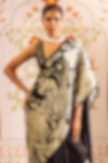 Black Pure Satin Silk Kantha Embroidered & Printed Party Wear Saree by Studio 113 at Pernia's Pop Up Shop