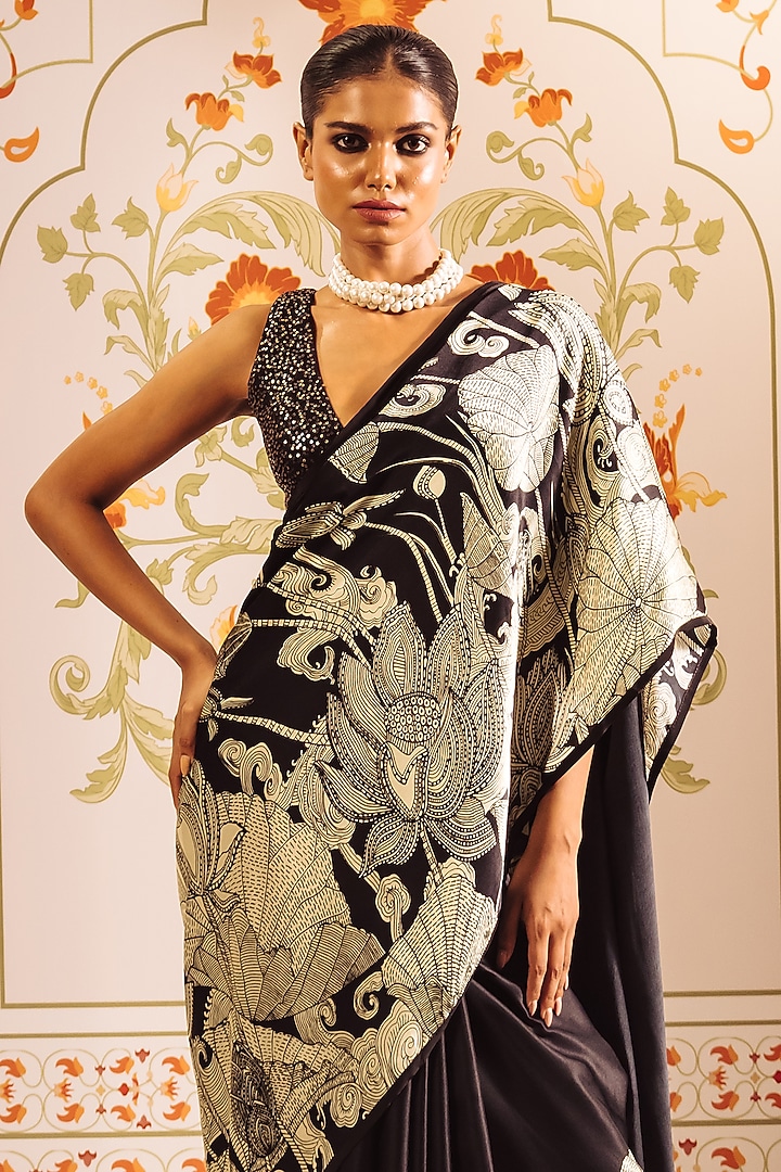Black Pure Satin Silk Kantha Embroidered & Printed Party Wear Saree by Studio 113 at Pernia's Pop Up Shop