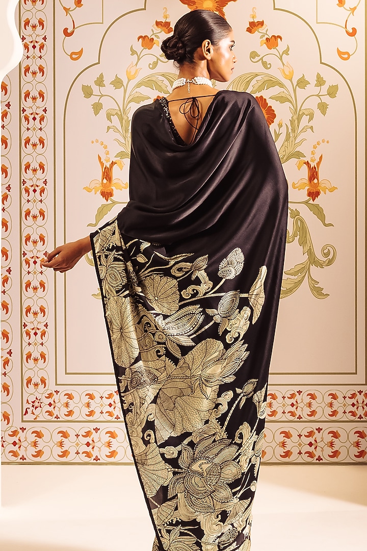 Black Pure Satin Silk Kantha Embroidered & Printed Party Wear Saree by Studio 113 at Pernia's Pop Up Shop