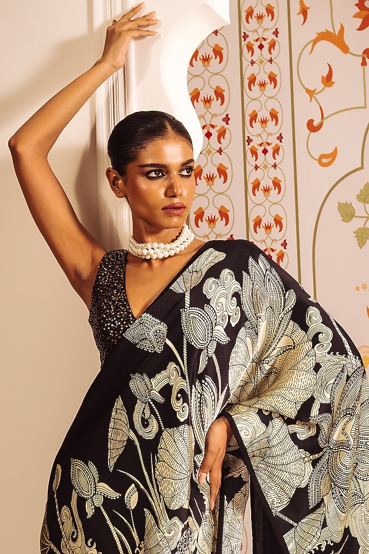 Black Pure Satin Silk Kantha Embroidered & Printed Party Wear Saree by Studio 113 at Pernia's Pop Up Shop