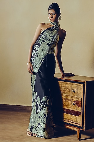 Black Pure Satin Silk Kantha Embroidered & Printed Corset by Studio 113