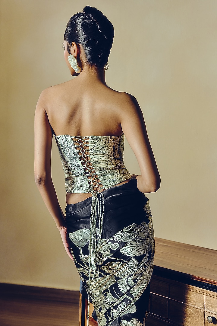 Black Pure Satin Silk Kantha Embroidered & Printed Corset by Studio 113 at Pernia's Pop Up Shop