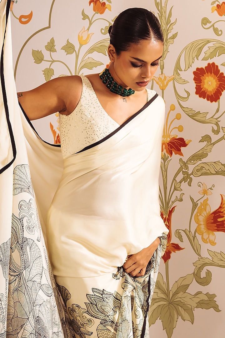 White Pure Satin Silk Kantha Embroidered & Printed Party Wear Saree by Studio 113 at Pernia's Pop Up Shop