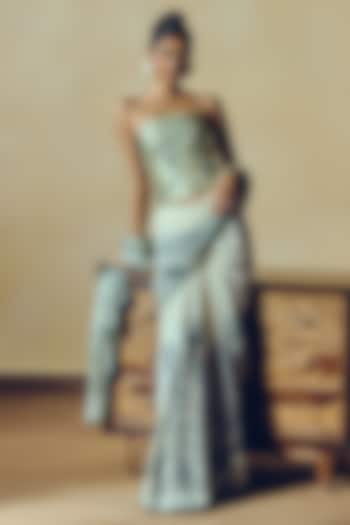 White Pure Satin Silk Kantha Embroidered & Printed Corset by Studio 113 at Pernia's Pop Up Shop