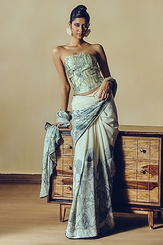 White Pure Satin Silk Kantha Embroidered & Printed Corset by Studio 113