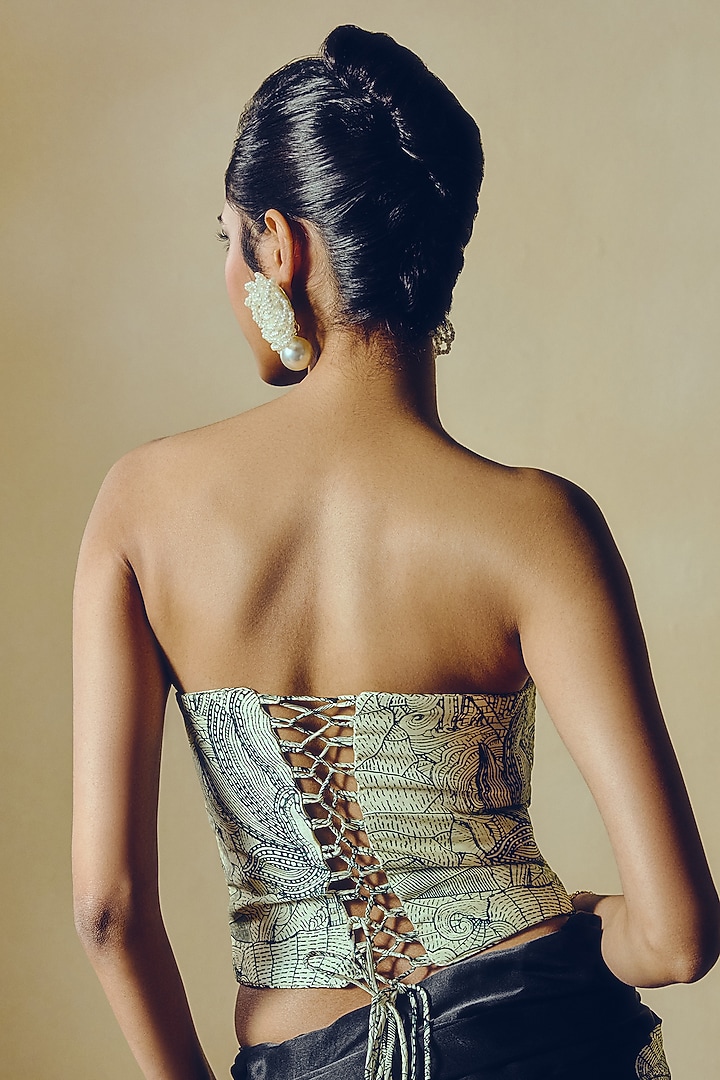 White Pure Satin Silk Kantha Embroidered & Printed Corset by Studio 113 at Pernia's Pop Up Shop
