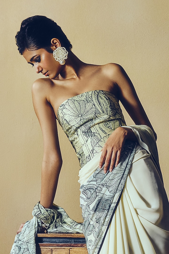 White Pure Satin Silk Kantha Embroidered & Printed Corset by Studio 113 at Pernia's Pop Up Shop