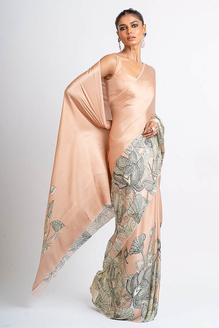 Blossom Pink Pure Satin Silk Kantha Printed Party Wear Saree by Studio 113 at Pernia's Pop Up Shop