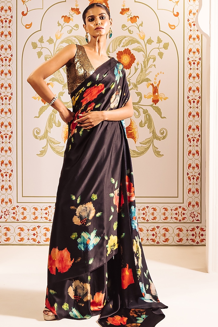 Black Pure Satin Silk Patola Weave Printed Party Wear Saree by Studio 113 at Pernia's Pop Up Shop