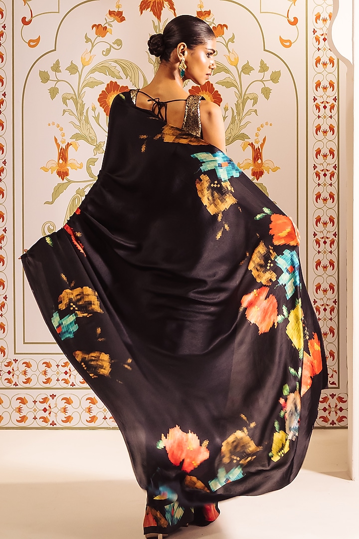 Black Pure Satin Silk Patola Weave Printed Party Wear Saree by Studio 113 at Pernia's Pop Up Shop