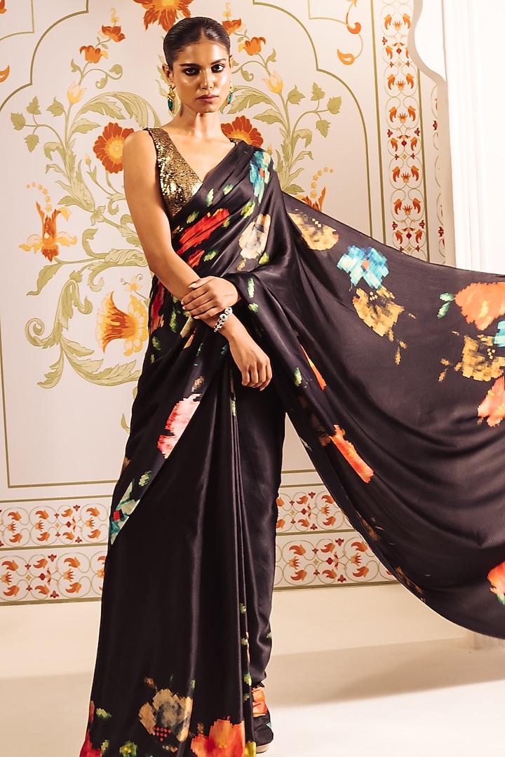 Black Pure Satin Silk Patola Weave Printed Party Wear Saree by Studio 113 at Pernia's Pop Up Shop