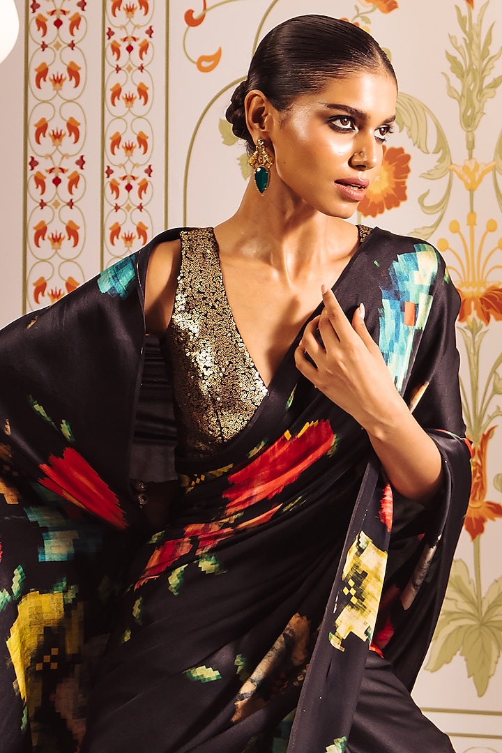 Black Pure Satin Silk Patola Weave Printed Party Wear Saree by Studio 113 at Pernia's Pop Up Shop