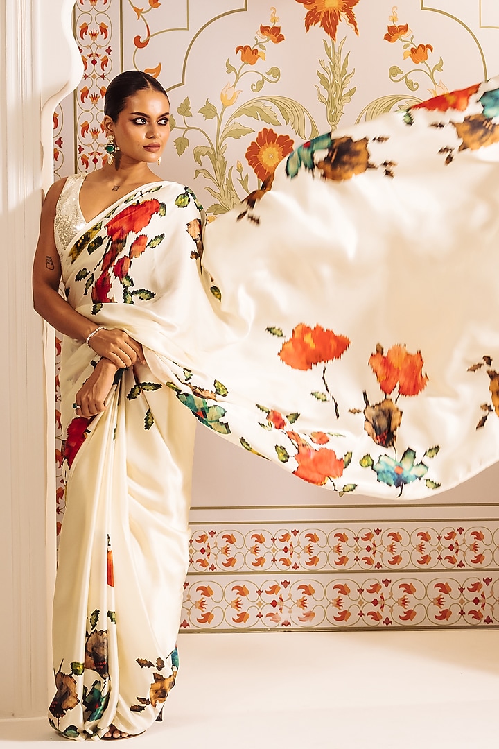 White Pure Satin Silk Patola Weave Printed Party Wear Saree by Studio 113 at Pernia's Pop Up Shop