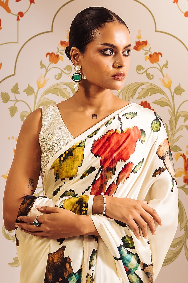 White Pure Satin Silk Patola Weave Printed Party Wear Saree by Studio 113 at Pernia's Pop Up Shop