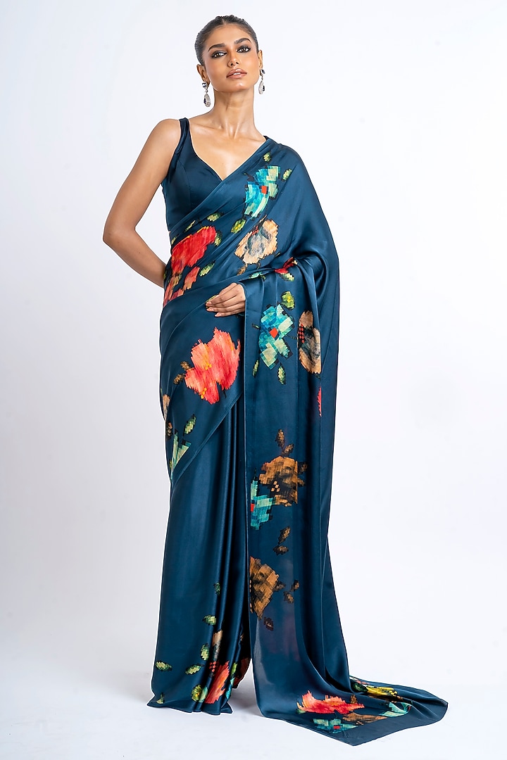Blue Pure Satin Silk Patola Weave Printed Party Wear Saree by Studio 113 at Pernia's Pop Up Shop
