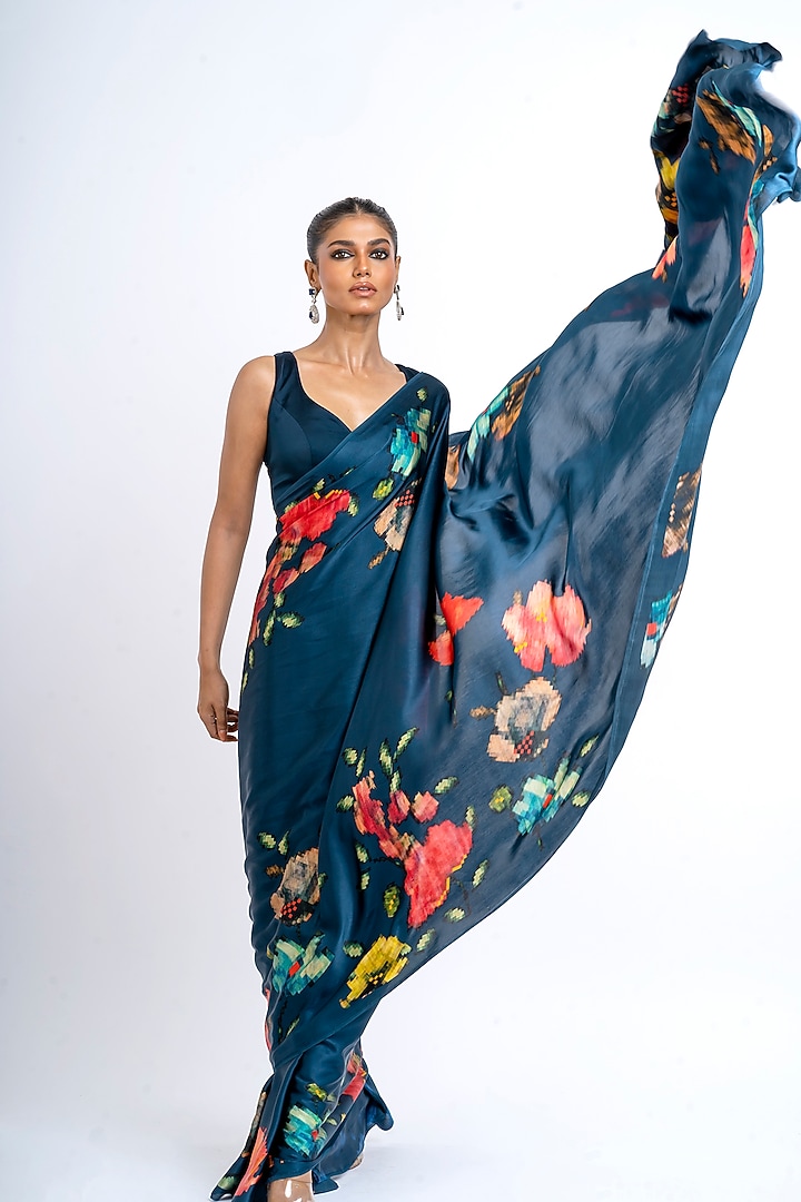 Blue Pure Satin Silk Patola Weave Printed Party Wear Saree by Studio 113 at Pernia's Pop Up Shop