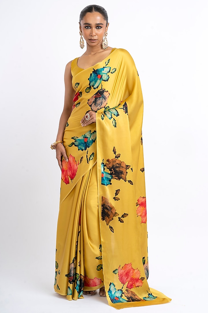 Amber Yellow Pure Satin Silk Patola Weave Printed Party Wear Saree by Studio 113 at Pernia's Pop Up Shop