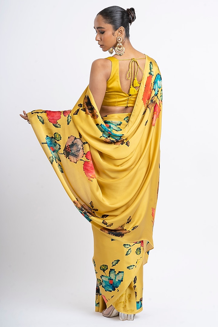 Amber Yellow Pure Satin Silk Patola Weave Printed Party Wear Saree by Studio 113 at Pernia's Pop Up Shop
