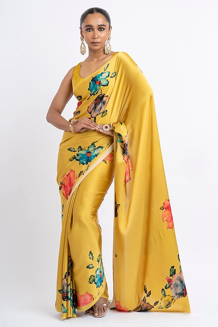 Amber Yellow Pure Satin Silk Patola Weave Printed Party Wear Saree by Studio 113 at Pernia's Pop Up Shop
