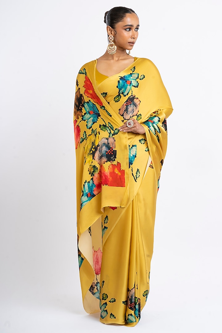 Amber Yellow Pure Satin Silk Patola Weave Printed Party Wear Saree by Studio 113 at Pernia's Pop Up Shop