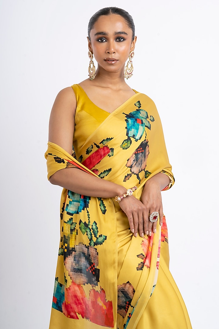 Amber Yellow Pure Satin Silk Patola Weave Printed Party Wear Saree by Studio 113 at Pernia's Pop Up Shop