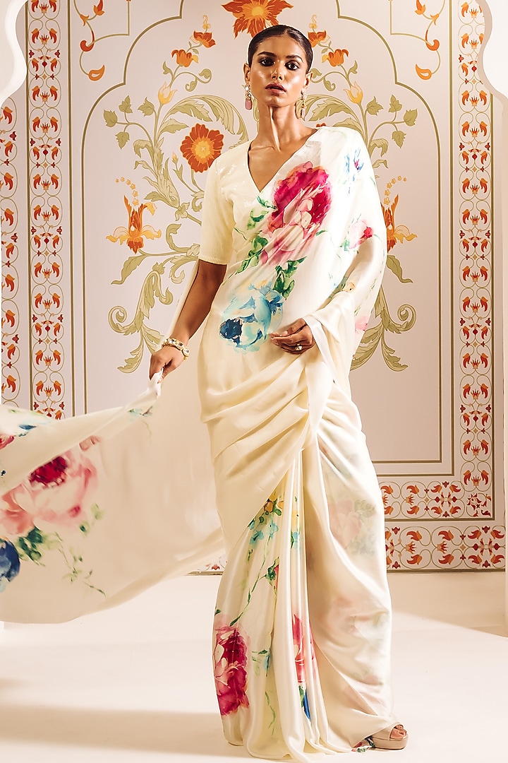 White Pure Satin Silk Floral Hand Painted Party Wear Saree by Studio 113 at Pernia's Pop Up Shop