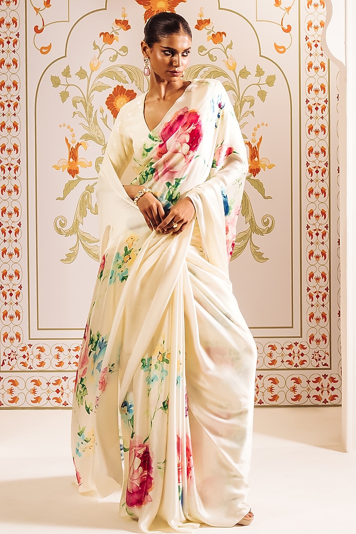 White Pure Satin Silk Floral Hand Painted Party Wear Saree by Studio 113 at Pernia's Pop Up Shop
