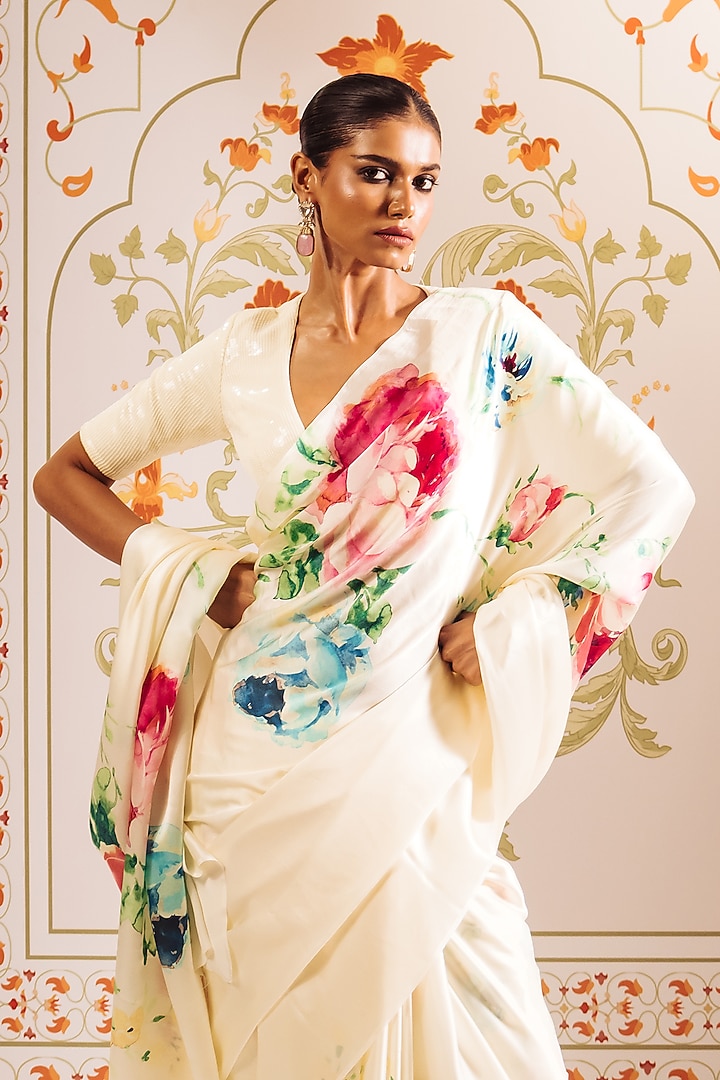 White Pure Satin Silk Floral Hand Painted Party Wear Saree by Studio 113 at Pernia's Pop Up Shop