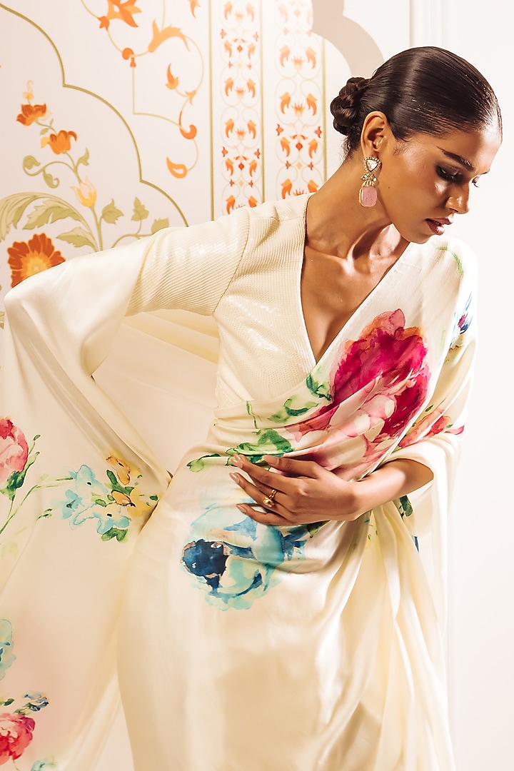 White Pure Satin Silk Floral Hand Painted Party Wear Saree by Studio 113 at Pernia's Pop Up Shop
