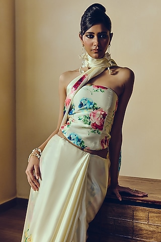 White Pure Satin Silk Floral Hand Painted Corset by Studio 113