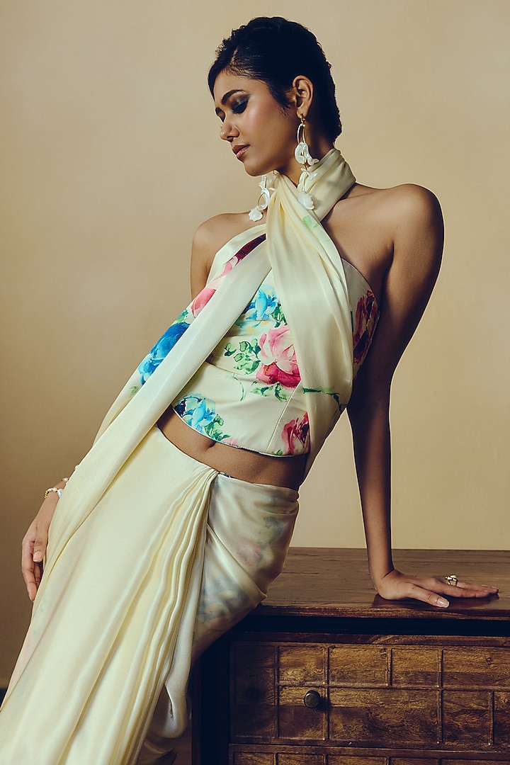 White Pure Satin Silk Floral Hand Painted Corset by Studio 113 at Pernia's Pop Up Shop