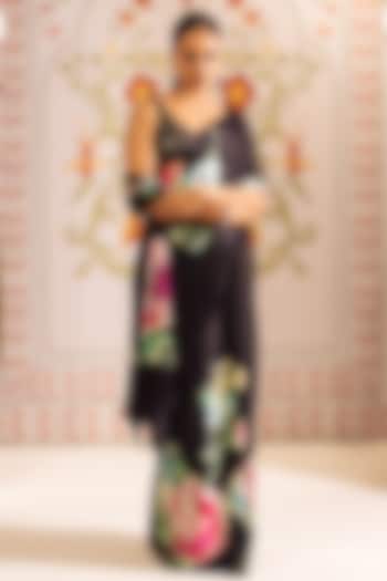Black Pure Satin Silk Floral Hand Painted Party Wear Saree by Studio 113 at Pernia's Pop Up Shop