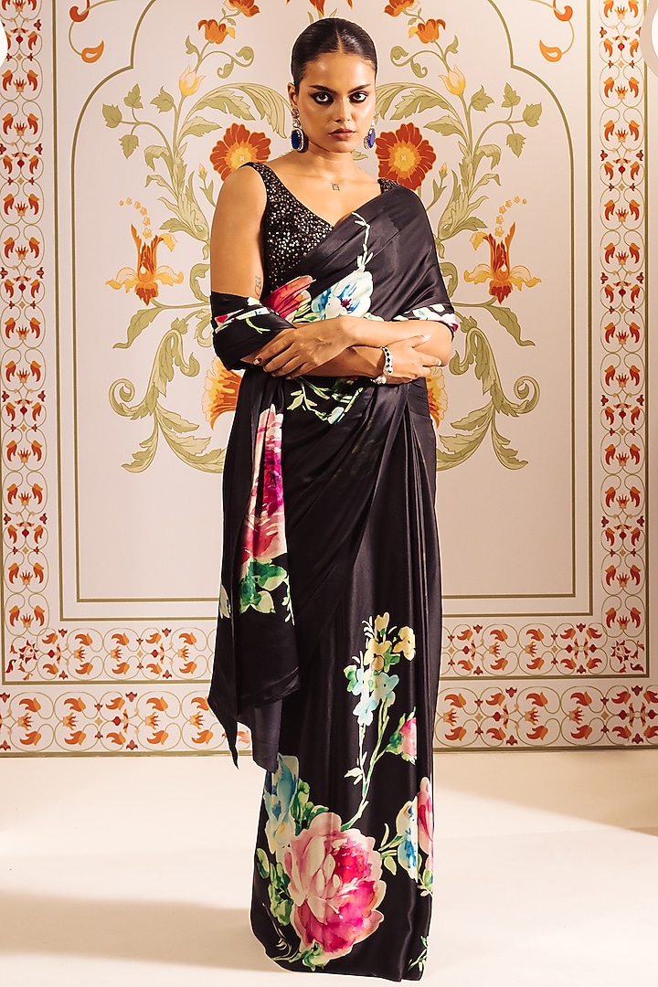 Black Pure Satin Silk Floral Hand Painted Party Wear Saree by Studio 113 at Pernia's Pop Up Shop