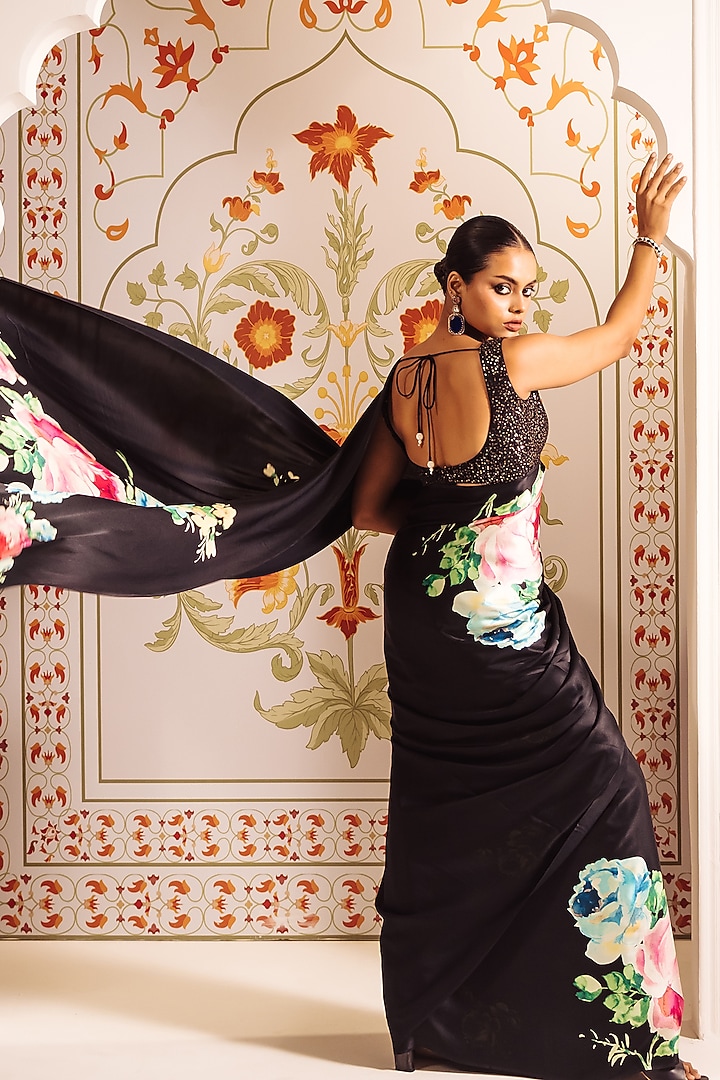 Black Pure Satin Silk Floral Hand Painted Party Wear Saree by Studio 113 at Pernia's Pop Up Shop