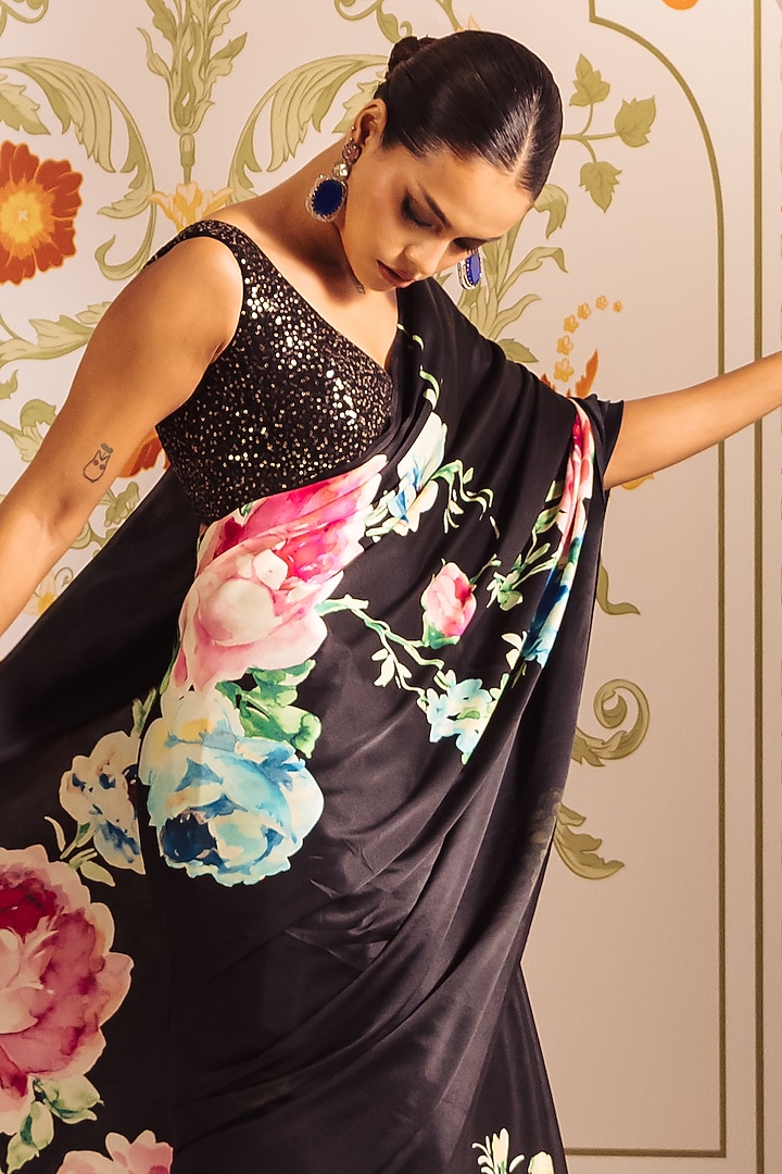 Black Pure Satin Silk Floral Hand Painted Party Wear Saree by Studio 113 at Pernia's Pop Up Shop