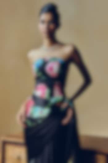 Black Pure Satin Silk Floral Printed Corset by Studio 113 at Pernia's Pop Up Shop